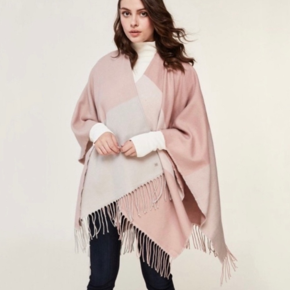 SOIA & KYO Color Block Fringed Wrap Scarfigan Poncho in Pale Pink, Tan & Cream